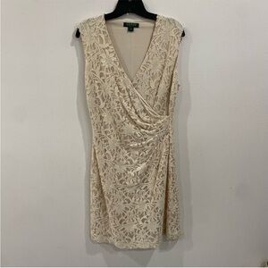 Lauren Ralph Lauren | Floral Lace in Gold and Sequin Faux Wrap Dress